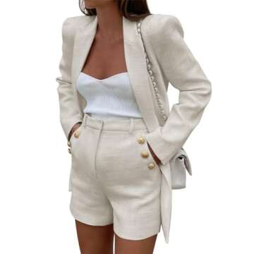 Cicy Bell Womens 2 Piece Tweed Blazer Shorts Sets Long Sleeve Double Breasted Suit Jackets Business Outfit Beige