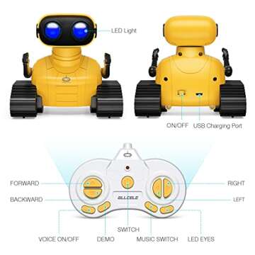 ALLCELE Robot Toys, Rechargeable RC Robots for Kids Boys, Remote Control Toy with Music and LED Eyes, Gift for Children Age 3 Years and Up - Yellow