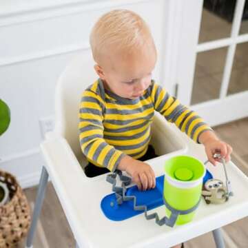 Busy Baby Silicone Mini Mat, Suction Placemat for Babies & Toddlers with Adjustable Tethers, Keeps Toys Off The Floor, Dishwasher Safe, BPA Free, Includes Travel Sleeve (Tan)