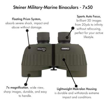 Steiner Military-Marine Series Binoculars, Lightweight Tactical Precision Optics for Any Situation, Waterproof, Green, 7x50