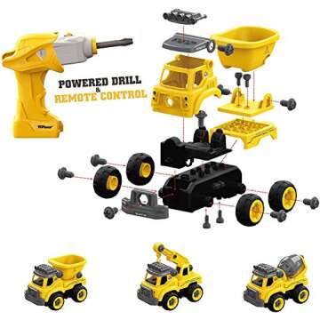 Top Race 3-in-1 Construction Toys - Easy Assembly Take Apart Construction Trucks with Remote Control and Drill - 3 Building Models for Kids Ages 3 and Up - Ideal for Indoor and Outdoor Play