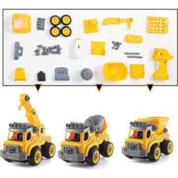 Top Race 3-in-1 Construction Toys - Easy Assembly Take Apart Construction Trucks with Remote Control and Drill - 3 Building Models for Kids Ages 3 and Up - Ideal for Indoor and Outdoor Play