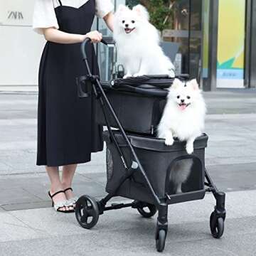 Beberoad Pets T1 Double Pet Stroller for 2 Small Dogs or Cats Lightweight Foldable Double Cat Stroller with Detachable Carrier (Black)