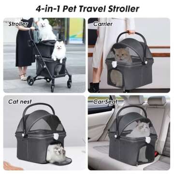 Beberoad Pets T1 Double Pet Stroller for 2 Small Dogs or Cats Lightweight Foldable Double Cat Stroller with Detachable Carrier (Black)