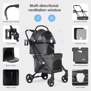 Beberoad Pets T1 Double Pet Stroller for 2 Small Dogs or Cats Lightweight Foldable Double Cat Stroller with Detachable Carrier (Black)