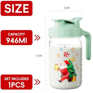 Christmas Elements Breast Milk Pitcher, Mason Jar 32 oz, Heavy Duty Wide Mouth Jar with Green Flip Cap Lid and Pour Spout, Great for Cold Beverages, Airtight Seal for Freshness and Convenience