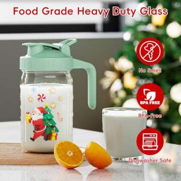 Christmas Elements Breast Milk Pitcher, Mason Jar 32 oz, Heavy Duty Wide Mouth Jar with Green Flip Cap Lid and Pour Spout, Great for Cold Beverages, Airtight Seal for Freshness and Convenience