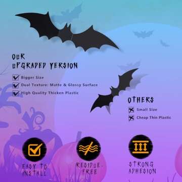 YXZXUM 60 PCS Halloween Bats Decoration, 4 Different Sizes Realistic PVC Black 3D Scary Bat Sticker for Home Decor DIY Wall Decal Bathroom Indoor Hallowmas Party Supplies