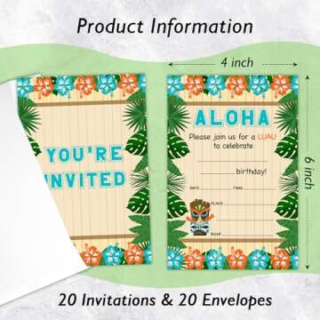 rizotus Hawaiian Birthday Invitations for Boy Girl, Aloha Birthday Party Invites Cards for Kids, Summer Tropical Luau Party Celebration, Set of 20 Card with Envelopes -A12