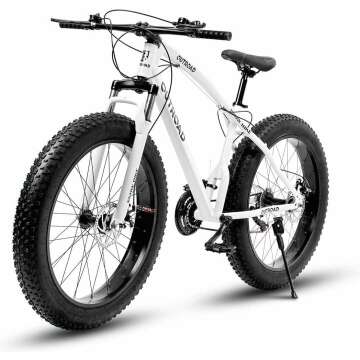 26 Inch Fat Tire Mountain Bike with Dual Disc Brakes, 4 Inch Wide Tires with 21 Speeds, High-Carbon Frame, Mountain Bicycle for Men and Women, Front Suspension Beach Bike for Adult White