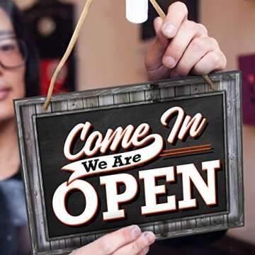 Bigtime Signs Open Closed Sign For Business Door - PVC 8" x 12" Reversible Double Sided with Rope for Hanging - Come In We're Open | Sorry We're Closed Signs - Rustic Wood Frame Look Printed Design