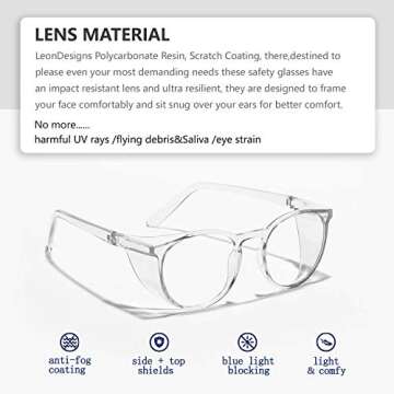 LeonDesigns Anti-Fog Stylish Round Safety Glasses Side Shields | UV Eye Protection HD Blue Light Blocking Glasses | Comfortable Clear Lab Goggles for Men and Wome (White)