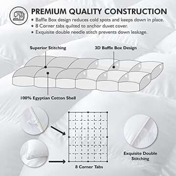 Luxurious King/California King Size Goose Down Fiber Waterfowl Feather Fiber Comforter Duvet, 100% Egyptian Cotton Cover, 58 oz. Fill Weight, Baffle Box Design, White Solid