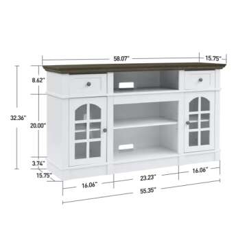 BLANKSPACE Farmhouse TV Stand for 65 inch TV, Home Entertainment Center with Storage, Rustic TV Console Table with Adjustable Shelves, Storage Cabinet with Glass Door for Living Room Bedroom (White)