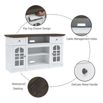 BLANKSPACE Farmhouse TV Stand for 65 inch TV, Home Entertainment Center with Storage, Rustic TV Console Table with Adjustable Shelves, Storage Cabinet with Glass Door for Living Room Bedroom (White)