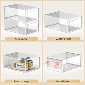 Harmon Wandyer Shoe Organizer Storage Boxes, Fit Size 10, Clear Plastic Stackable Sneaker Containers Bins Shoe Display Case, White, 12 Pack