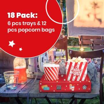 Cheshire Gifts Movie Night Supplies 18 Pcs - Popcorn Bags (12ct) & Movie Night Snack Trays (6ct) - Movie Theater Decor & Popcorn Bowls For Family Movie Night