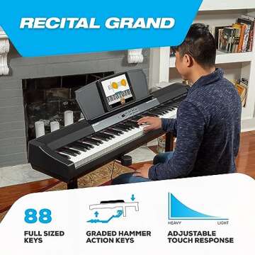 Alesis Recital Grand - Digital Piano 88 Weighted Keys with Hammer Action, Sustain Pedal, 16 Premium Voices, Speakers, Piano Lessons, Sheet Music Stand