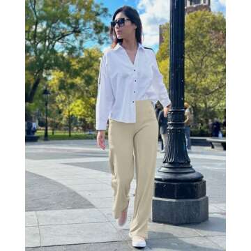 Promover Petite Wide Leg Dress Pants Women's High Waisted Business Casual Trousers Flare Yoga Pants(Apricot,XS,28")