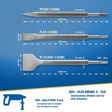 S&R Chisel Set 3-Piece SDS-Plus: Spade Chisel (1.5 in x 9.8 in) Flat Chisel (0.8" x 9.8 "), Point Chisel (9.8 inch) - Universally Applicable for Removal of Solid Substances