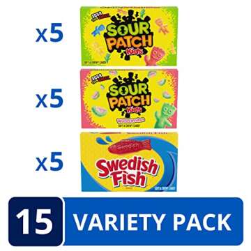 SOUR PATCH KIDS Original Candy, SOUR PATCH KIDS Watermelon Candy & SWEDISH FISH Candy Variety Pack, Valentines Day Candy, 15 Movie Theater Candy Boxes