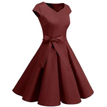 DRESSTELLS Vintage Dress for Women, 1950s Retro Cocktail Prom Short Dress, 50s 60s Pinup Wedding Tea Party Rockabilly Swing Dress Summer 2024 Burgundy S