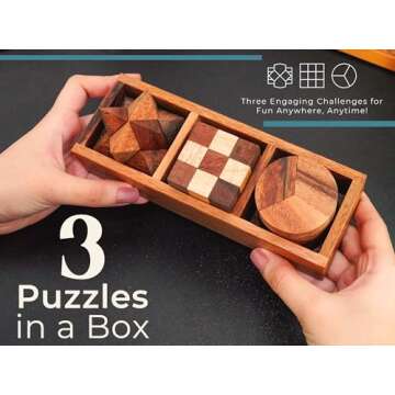 BSIRI 3 Puzzles in a Box - Wooden Brain Teaser Puzzles, 3D Puzzles for Adults, Educational Kids Games, Mind Puzzles for Adults and Brain Games for Kids, Ideal for Birthday Gifts and Patio Decor