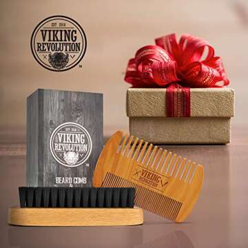 Viking Revolution Beard Comb & Beard Brush Set for Men - Natural Boar Bristle Brush and Dual Action Pear Wood Comb w/Velvet Travel Pouch - Great for Grooming Beards and Mustaches