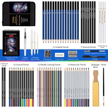 Nctoberows 76-Pack Drawing Set Sketching Kit, Pro Art Supplies Include 50 Pages 3-Color Sketchbook, Colored, Watercolor, Graphite, Charcoal & Metallic Pencil, for Artists Adults Teens Beginners