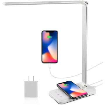 EASTAR LED Desk Lamp with USB Charging Port, Wireless Charger, College Dorm Room Essentials, Modern Eye-Caring Desk Lamps for Home Office,5 Lighting Modes, Bright Desk Light with Timer, Silver-White