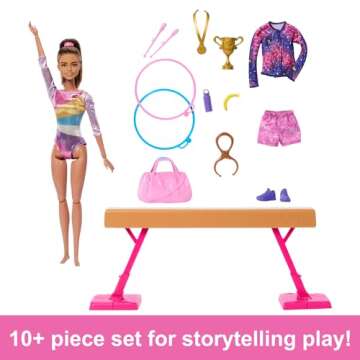 Barbie Careers Playset, Gymnastics Set with Brunette Gymnast Fashion Doll, C-Clip for Flipping Action, Balance Beam, Warm-Up Suit & Accessories