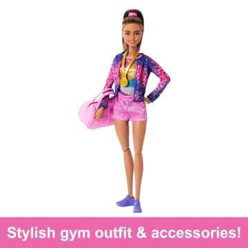 Barbie Careers Playset, Gymnastics Set with Brunette Gymnast Fashion Doll, C-Clip for Flipping Action, Balance Beam, Warm-Up Suit & Accessories