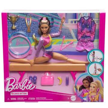 Barbie Careers Playset, Gymnastics Set with Brunette Gymnast Fashion Doll, C-Clip for Flipping Action, Balance Beam, Warm-Up Suit & Accessories