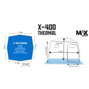 CLAM X400 8 x 8 Foot Portable Pop-Up Outdoor Ice Fishing Shelter 4 Sided Thermal Hub Shelter Tent with Anchors and Carry Bag, Blue