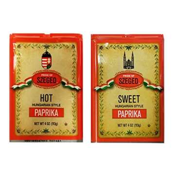 Pride of Szeged Hungarian Style Sweet Delicacy Paprika (4 oz) and Hot Paprika (4 oz)