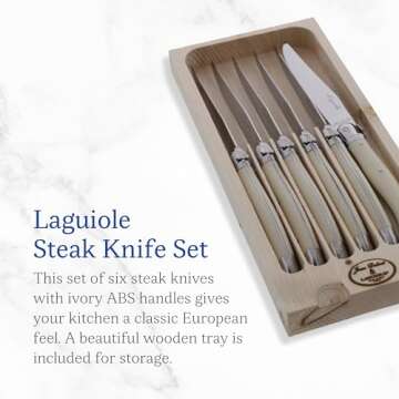 Jean Dubost Laguiole 6-Piece Steak Knife Set, Ivory Handles - 1.2 mm Blades - Rust-Resistant Stainless Steel - Includes Wooden Tray - Made in France