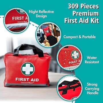 General Medi First Aid Kit -309 Pieces- Reflective Bag Design - Including Bandages, Moleskin Pad and Emergency Blanket for Travel, Home, Office, Car, Camping, Workplace