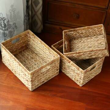 Storage Container, Natural Water Hyacinth Storage Bins Rectangular Basket,Arts and Crafts.