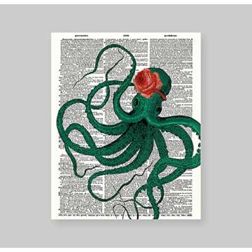 Susie Arts 8X10 Unframed Octopus with Rose Upcycled Vintage Dictionary Art Print Book Art Print Home Decor Wall Art V015