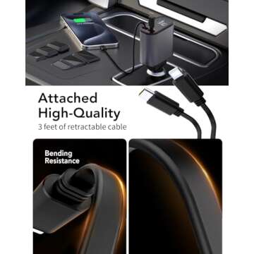 Retractable Car Charger, 4 in 1 Fast Car Phone Charger 66W, 2 Retractable Cables and USB Car Charger,Compatible with iPhone 15/14/13/12/11,Galaxy,Pixel