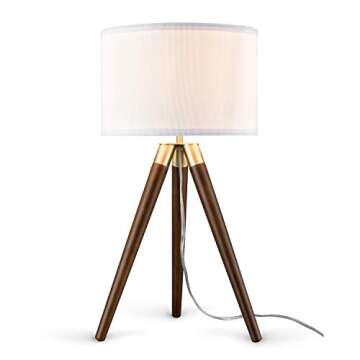 Light Society Celeste Tripod Table Lamp, Walnut Wood Legs with Satin Nickel Finish and White Fabric Shade, Mid Century Contemporary Modern Style Table Lamp