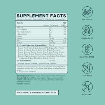 Ora Organic Plant-Based Protein Powder - 23g Protein for Women and Men - Vanilla Flavor 20 Servings, Vegan, Clean Protein, Third-Party Tested, Gluten-Free - 20 Servings