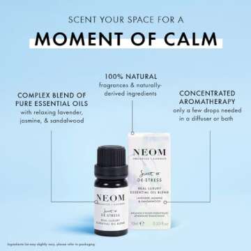 NEOM - Essential Oil Blend, 10ml | Lavender, Jasmine & Sandalwood | Aromatherapy Diffuser Oils with Calming Essential Oil Blend | 100% Natural Fragrances | Tranquil & Relax | Signature De-Stress Scent