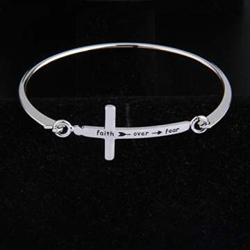 Zuo Bao Christian Bangle Bracelet Faith Over Fear Cross Bracelet Thin Line Sideways Cross Bracelet Religious Jewelry Inspirational Gift (Silver)