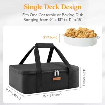 LUNCIA Insulated Casserole Carrier for Hot or Cold Food, Lasagna Lugger Tote for Potluck Parties/Picnic/Cookouts, Fits 9"×13" Baking Dish, Black