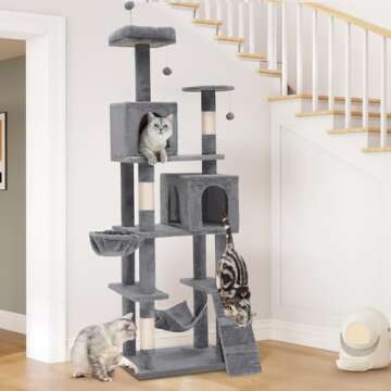 YITAHOME 75in Cat Tree Tower for Indoor Cats, Multi-Level Cat Furniture with Scratching Posts, Cat Caves, Padded Perch, Cozy Hammock, Ladder, and Plush Balls for Kittens, Pet Play House Light Gray