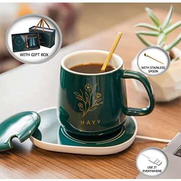 Coffee Mug Warmer with (Ceramic) Cup (USB Cable) & Cup Warmer Set for Desk with Gravity Sensing Auto Shut Off Heating Plate for Home Office Milk Tea Gift(Include Cup) HAYY (Green)