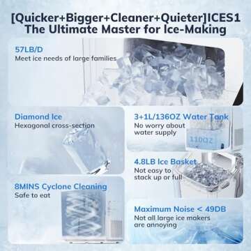 57LB/D AEOCKY Nugget Ice Maker with 4.8LB Ice Bin & 136OZ Tank, Large Sonic Ice Machine Countertop with Water Hose, Compatible with Smart Plug, Self Cleaning, for Big Family, Party, Camping, RV