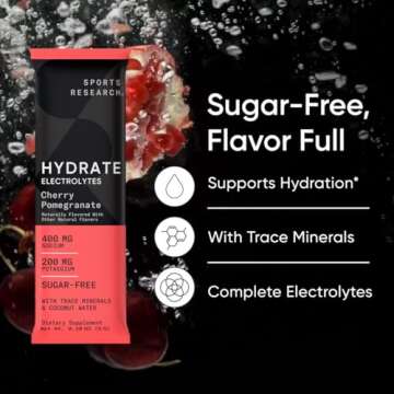 Sports Research Hydrate Electrolytes Powder Packets - Sugar-Free & Naturally Flavored with Vitamins, Minerals, and Coconut Water - Supports Hydration - 16 Packets - Cherry Pomegranate