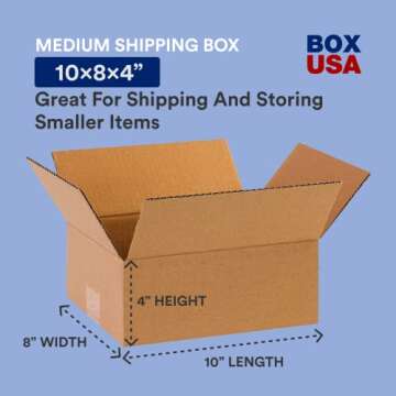 BOX USA 10 x 8 x 4 Corrugated Cardboard Boxes, Flat 10"L x 8"W x 4"H, Pack of 25 | Shipping, Packaging, Moving, Storage Box for Home or Business, Strong Wholesale Bulk Boxes